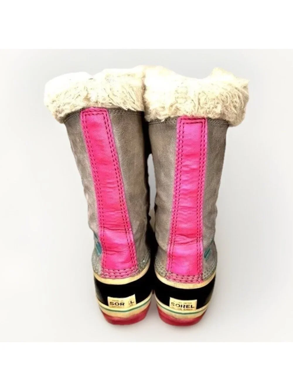 Sorel Winter Snow Boots Girls 4 Gray Pink Waterproof Faux Fur Insulated Warm